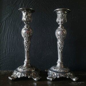 Antique Silverplate Candle Holders Victorian Rose Pattern Ornate Baroque Floral